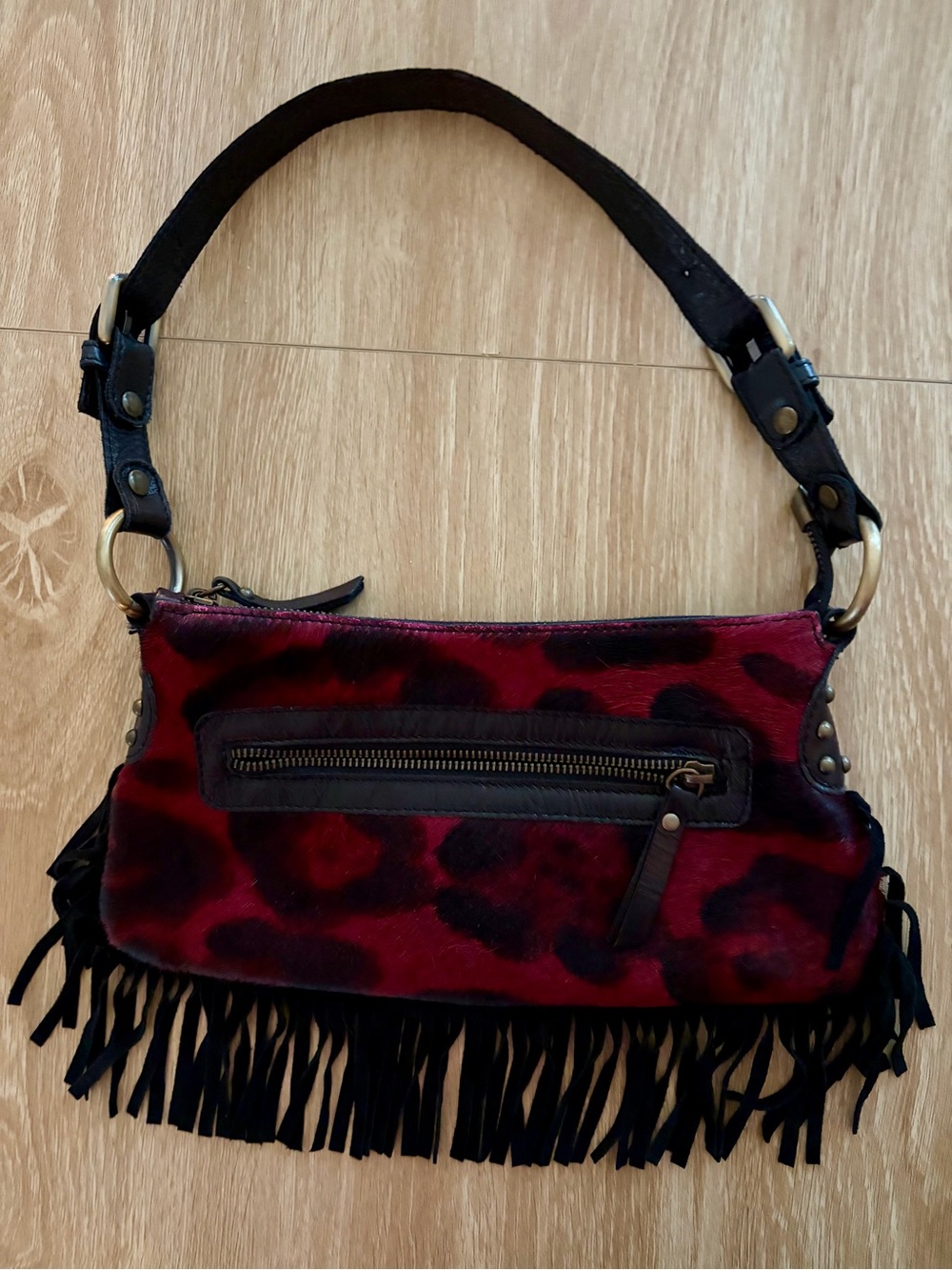Innue Fringed Red Leopard-Print Calf Hair Leather Purse - RARE VINTAGE